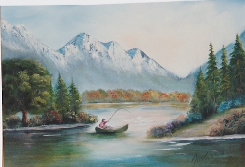 fishing and painting near mountains
